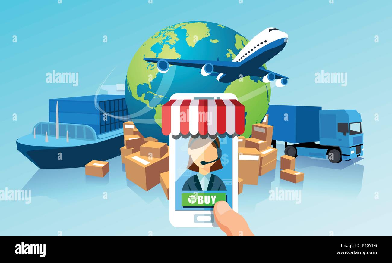 Transportation delivery logistics network via mobile app technology concept. Global shipping of cargo by air trucking rail transportation maritime Stock Vector