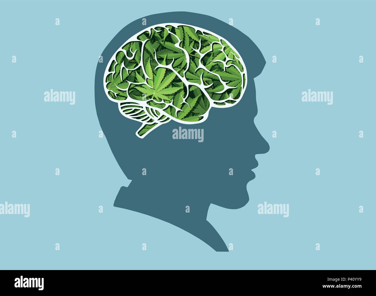 Vector of a man with human brain made of marijuana leaves Stock Vector