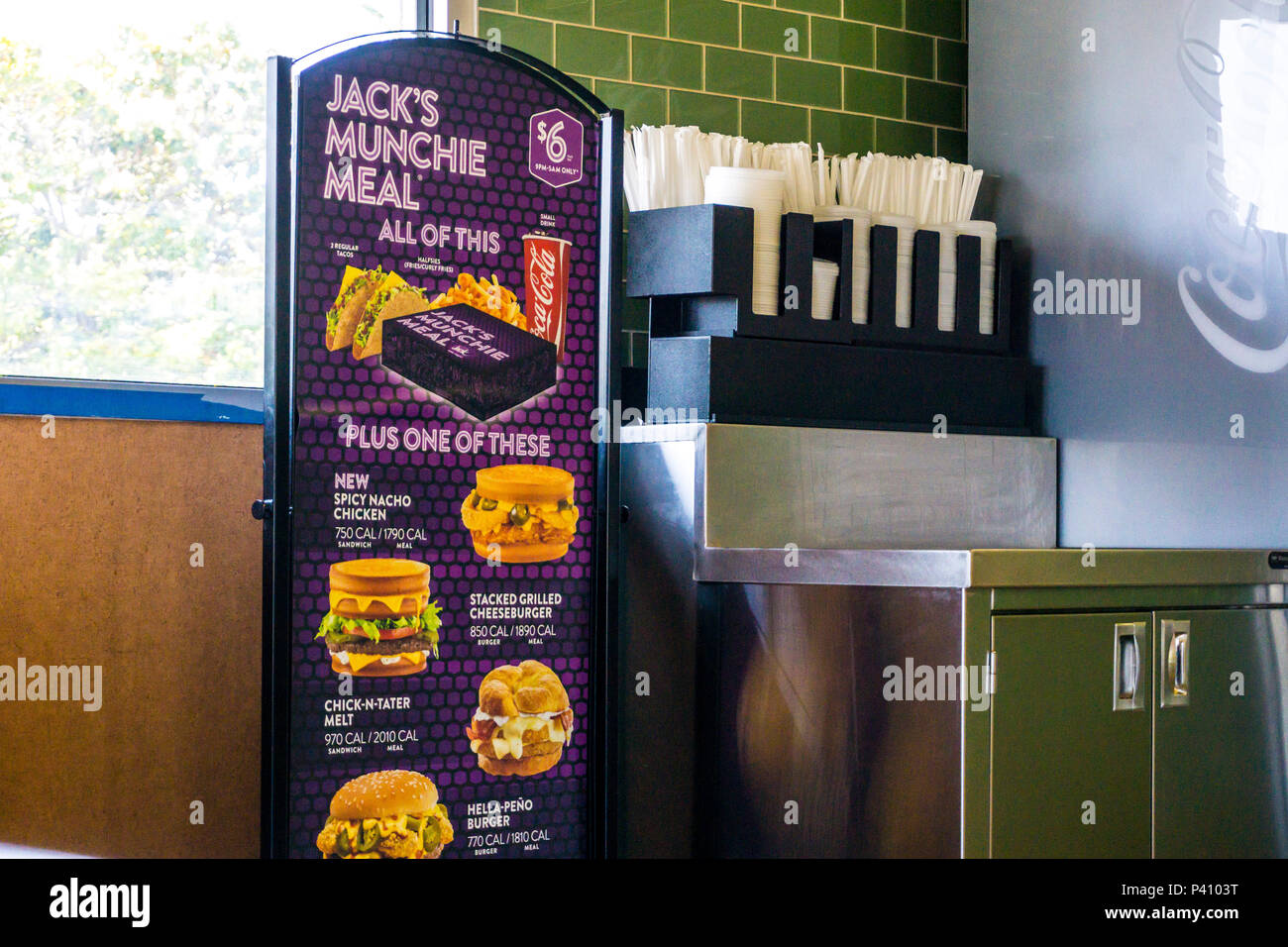 A high calorie menu board at a Jack in the Box restaurant in San Leandro California Stock Photo
