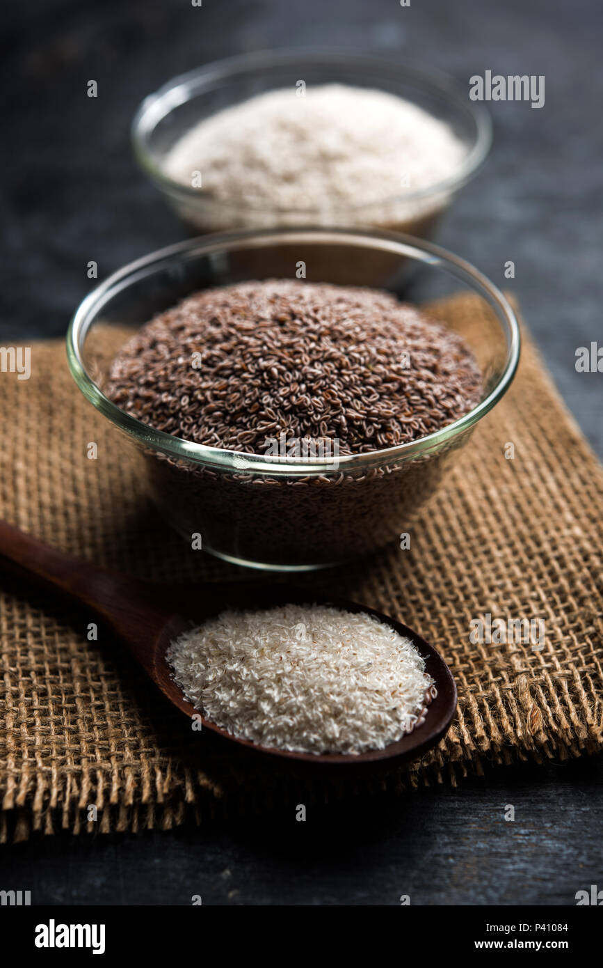 Psyllium husk or isabgol which is fiber derived from the seeds of Plantago  ovata, mainly found in India. Served in a bowl over moody background. selec  Stock Photo - Alamy