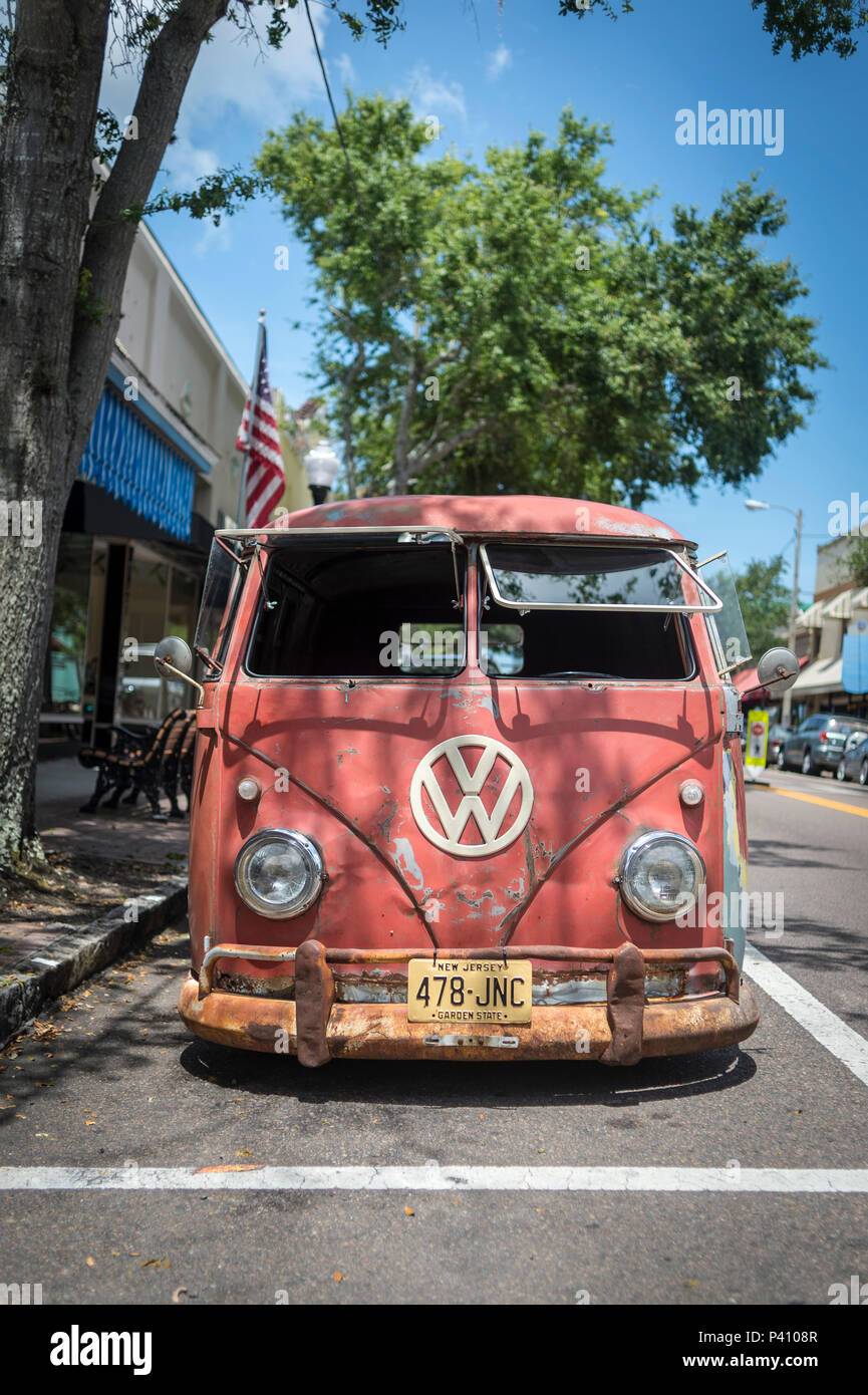 old rusty VW van parked in the street in Tarpon Springs USA. Stock Photo