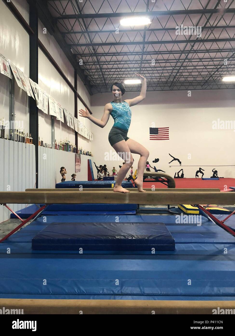 Character Development Academy (SLCDA) selectee Meghan Fox posing on a beam in gymnastics gym, Hagerstown, Maryland, May 23, 2018. Image courtesy Sgt. Kimberlyn Adams / 4th Marine Corps District. () Stock Photo