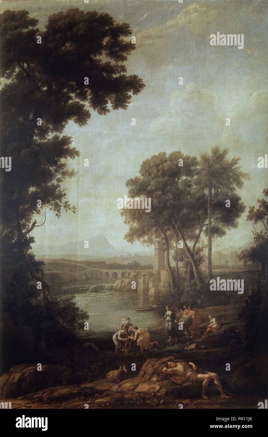 Landscape with the Finding of Moses - 1639/40 - oil on canvas - 209x138 cm - NP 2253. Author: Claude Lorrain (1600-1682). Location: MUSEO DEL PRADO-PINTURA, MADRID, SPAIN. Also known as: MOISES SALVADO DE LAS AGUAS. Stock Photo