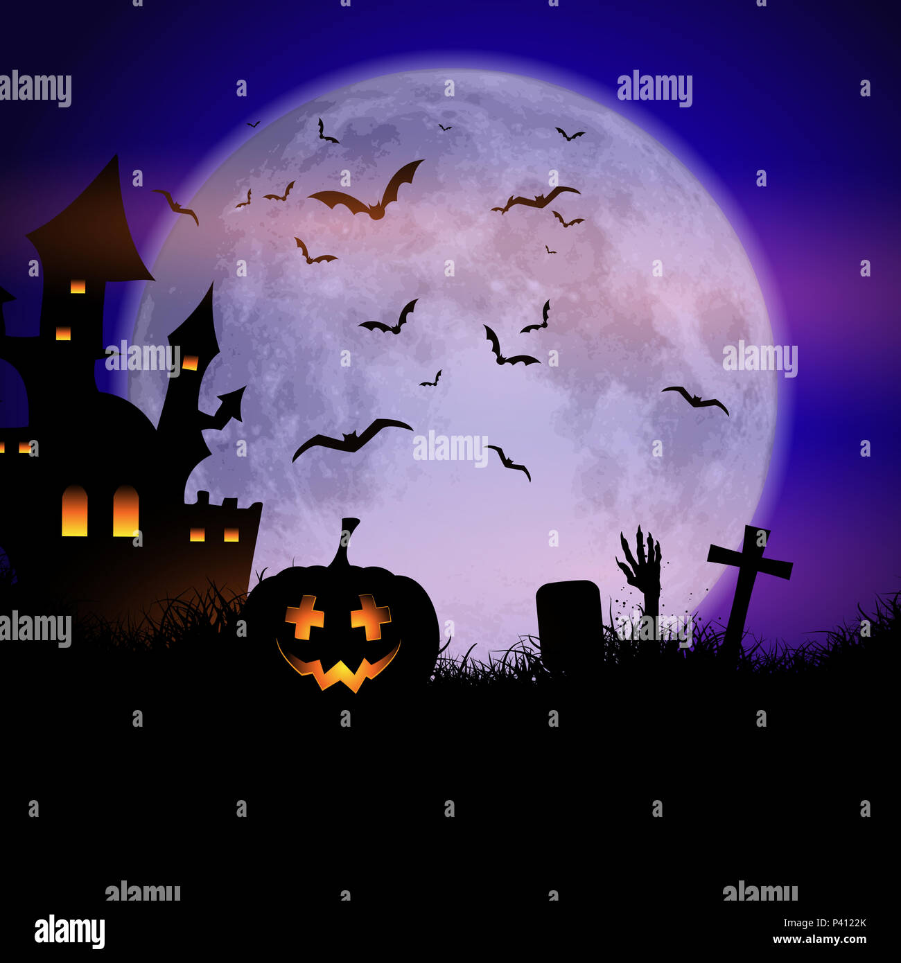 Spooky Halloween background with haunted house and pumpkins Stock Photo