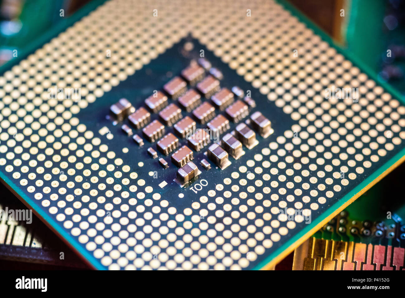 Land Grid Array CPU on top of random access memory sticks. Stock Photo
