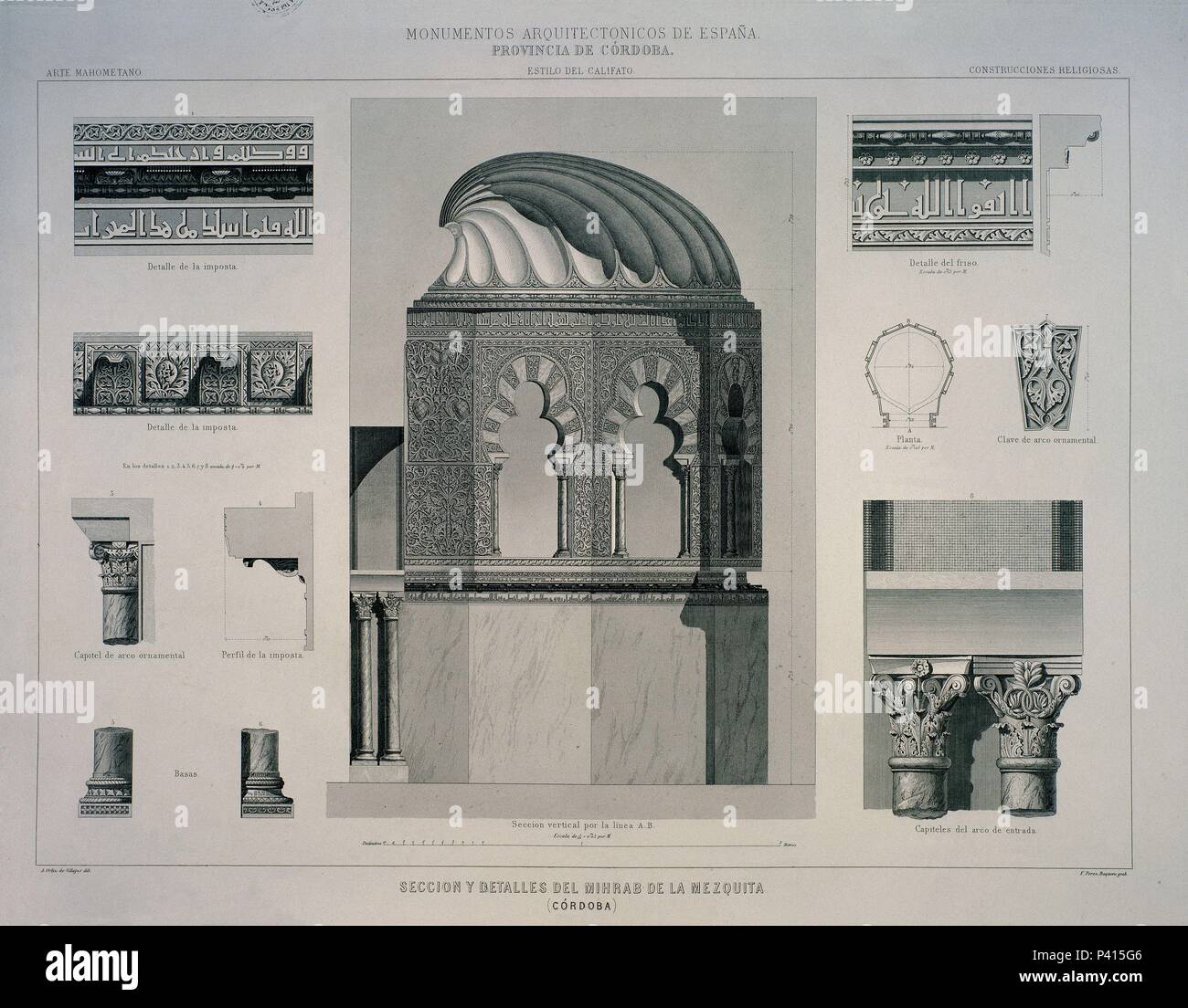 SECCION Y DETALLES DEL MIHRAB DE LA MEZQUITA DE CORDOBA - GRABADO DEL SIGLO XIX - MONUMENTOS ARQUITECTONICOS DE ESPAÑA. Author: PEREZ BAQUERO F / ORTIZ DE VILLAJOS A. Location: MEZQUITA-INTERIOR, SPAIN. Stock Photo