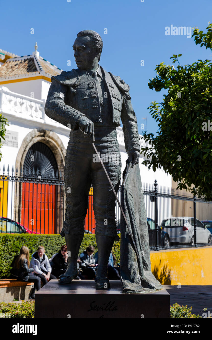 Statue of the Matador Curro Romero outside the Bullring, Plaza de Toros, Seville, Andalusia, Spain. Stock Photo