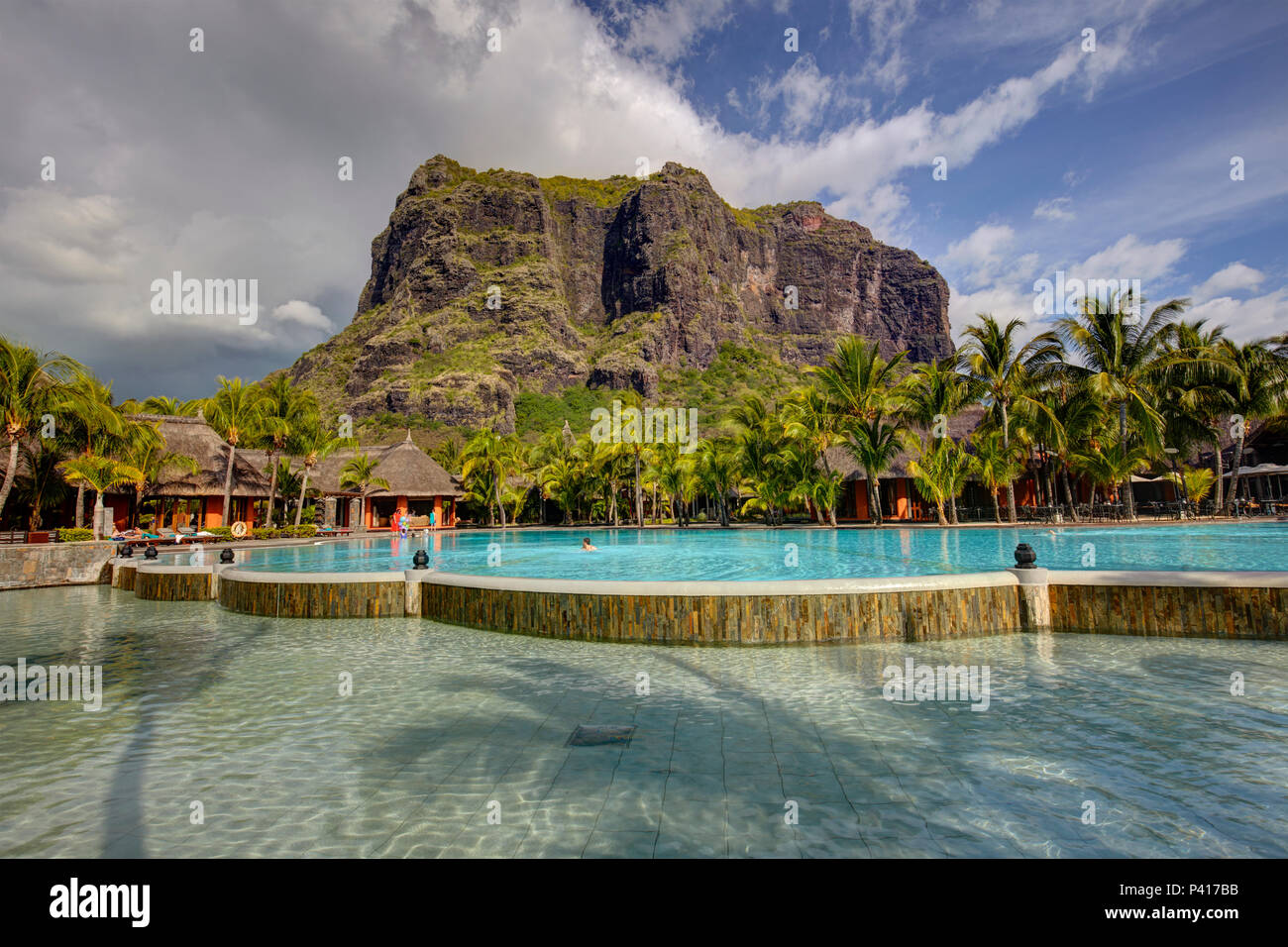 Swimming pool of Dinarobin Beachcomber at Le Morne Brabant, Mauritius Stock Photo