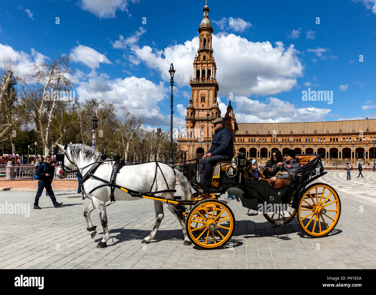Horse drawn carriage, Plaza de Espana, Seville, Andalusia, Spain Stock