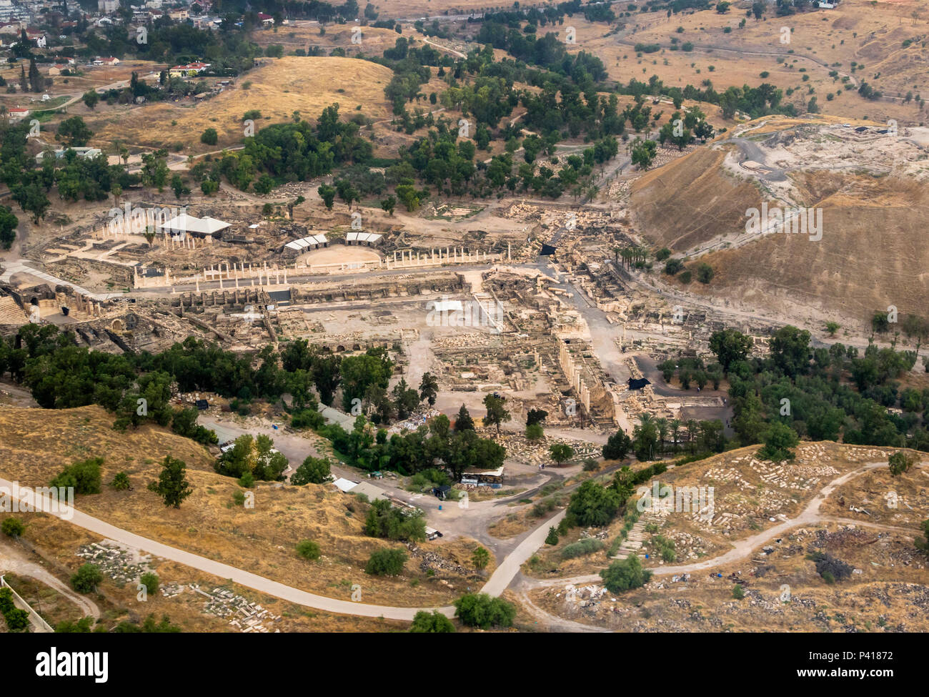 Archaelogic excavations of Roman settlement at Bet Shean, northern Israel, aerial view Stock Photo