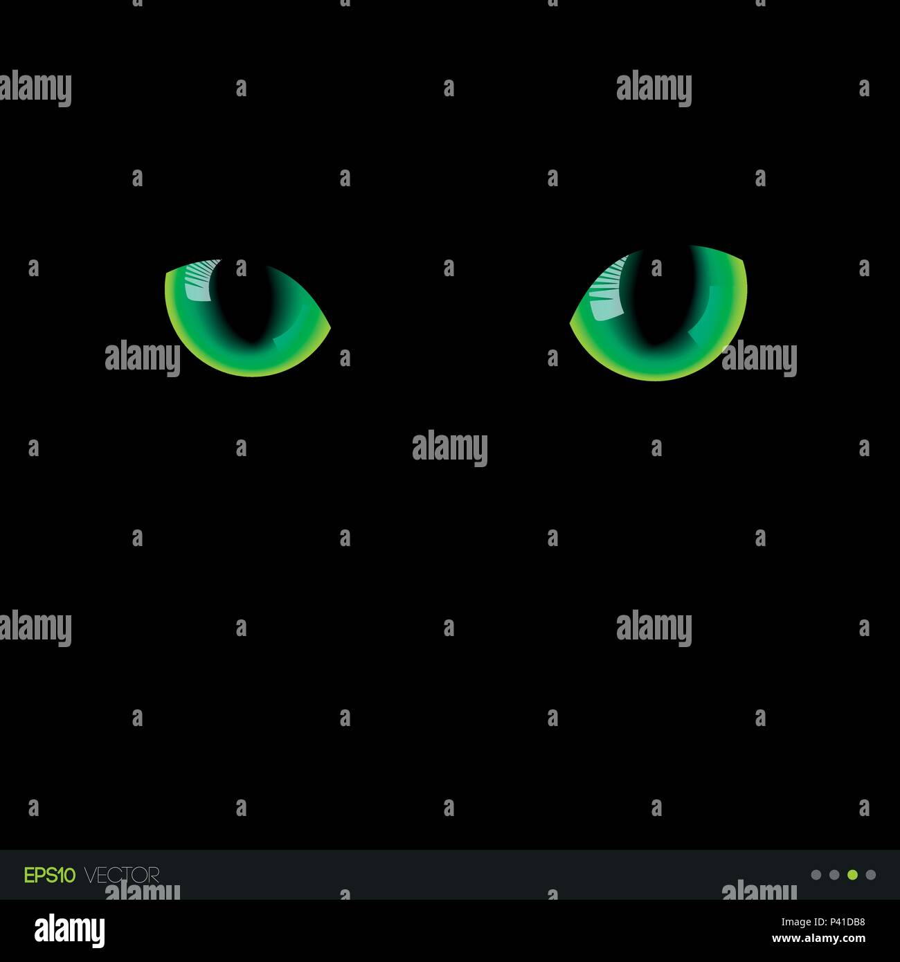 Black cat realistic green eyes in darkness. Vector illustration. Stock Vector