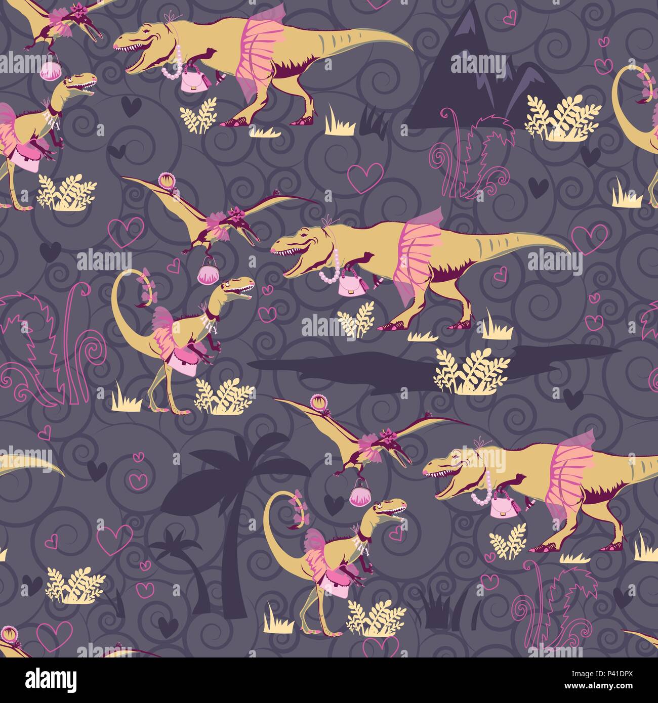 The original seamless pattern with dinosaur princesses Stock Vector