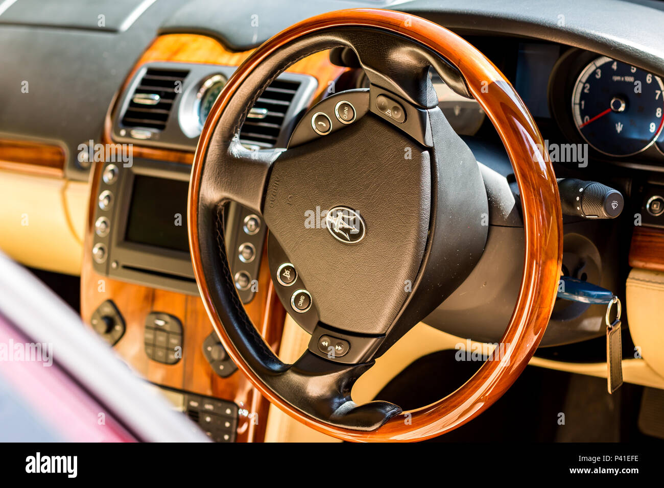 The steering wheel of a Maserati Quattroporte saloon car Stock Photo