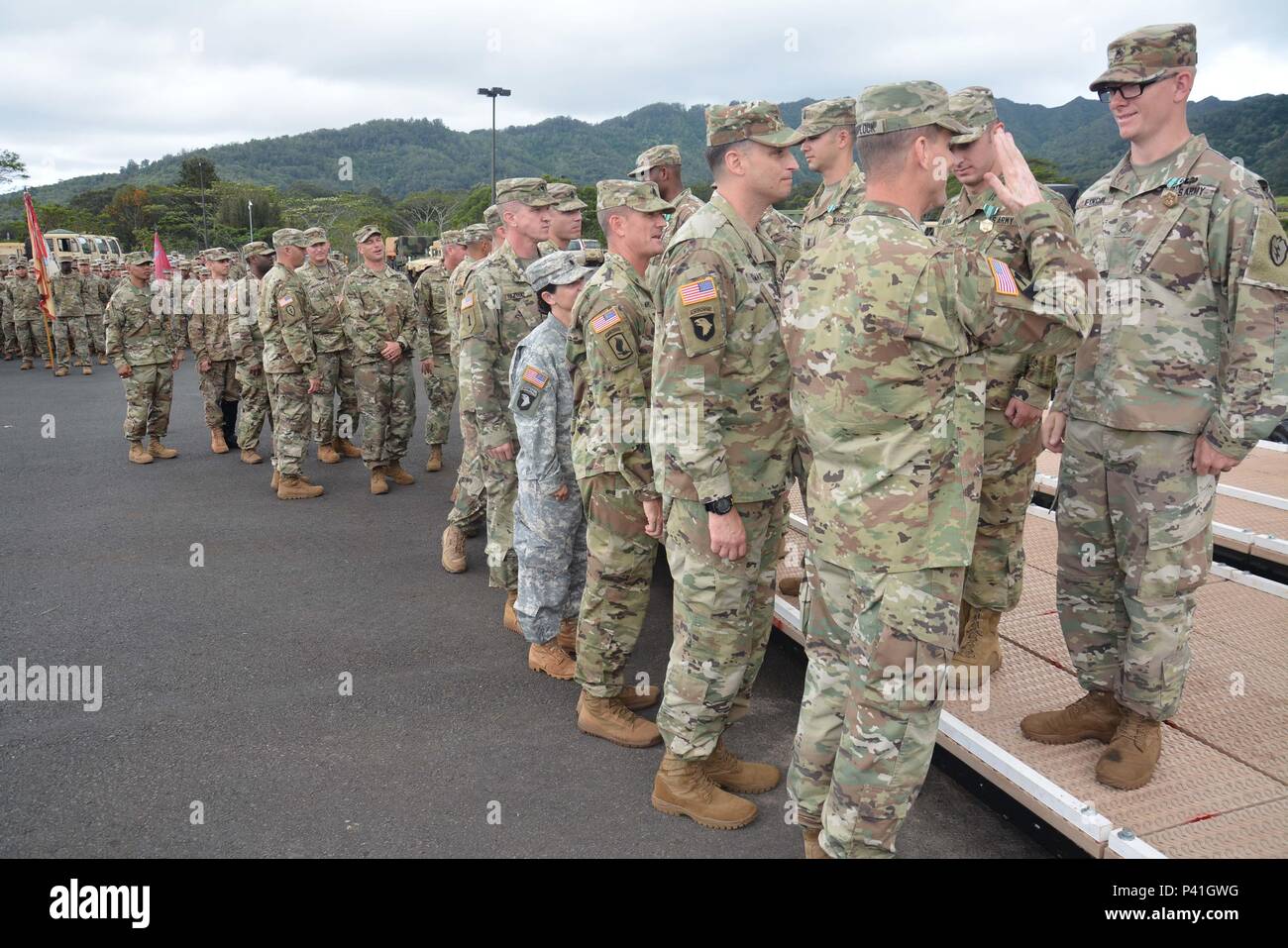 WAHIAWA, Hawaii – During a Materiel Readiness Award Ceremony, here, more than 70 Soldiers and civilians receive awards and/or brigade coins for their contributions during the Stryker turn-in process on June 1, 2016. Brigadier Gen. Patrick Matlock, 25th Infantry Division’s Deputy Commanding General-Support joined Col. David Womack, Command Sgt. Maj. T.J. Holland, the command team for 2nd Inf. Bde. Combat Team, and the rest of the Warrior Brigade Battalion’s Command Teams, as they praised the Soldiers for their hard-work and dedication during the transition process. Stock Photo