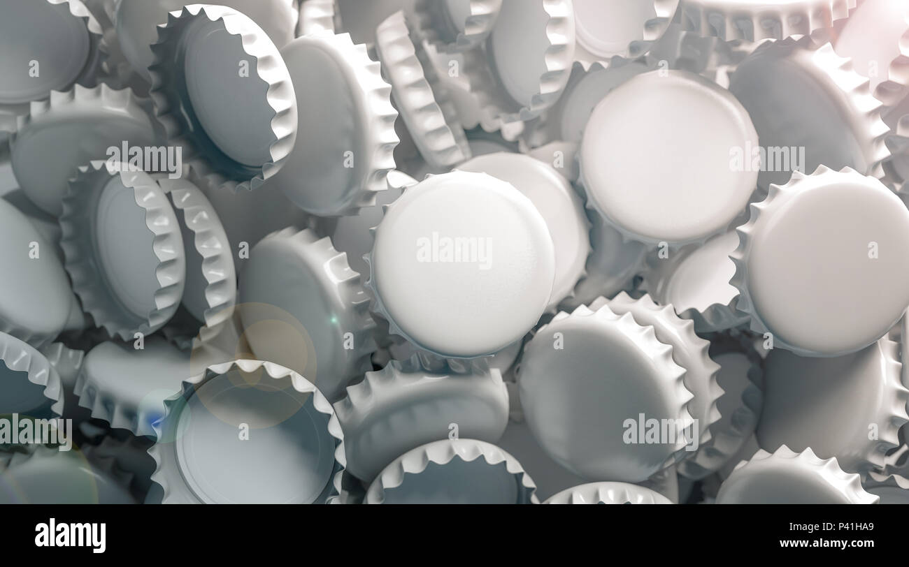 Blank white beer lid stack mock up, top view, 3d rendering. Empty metal