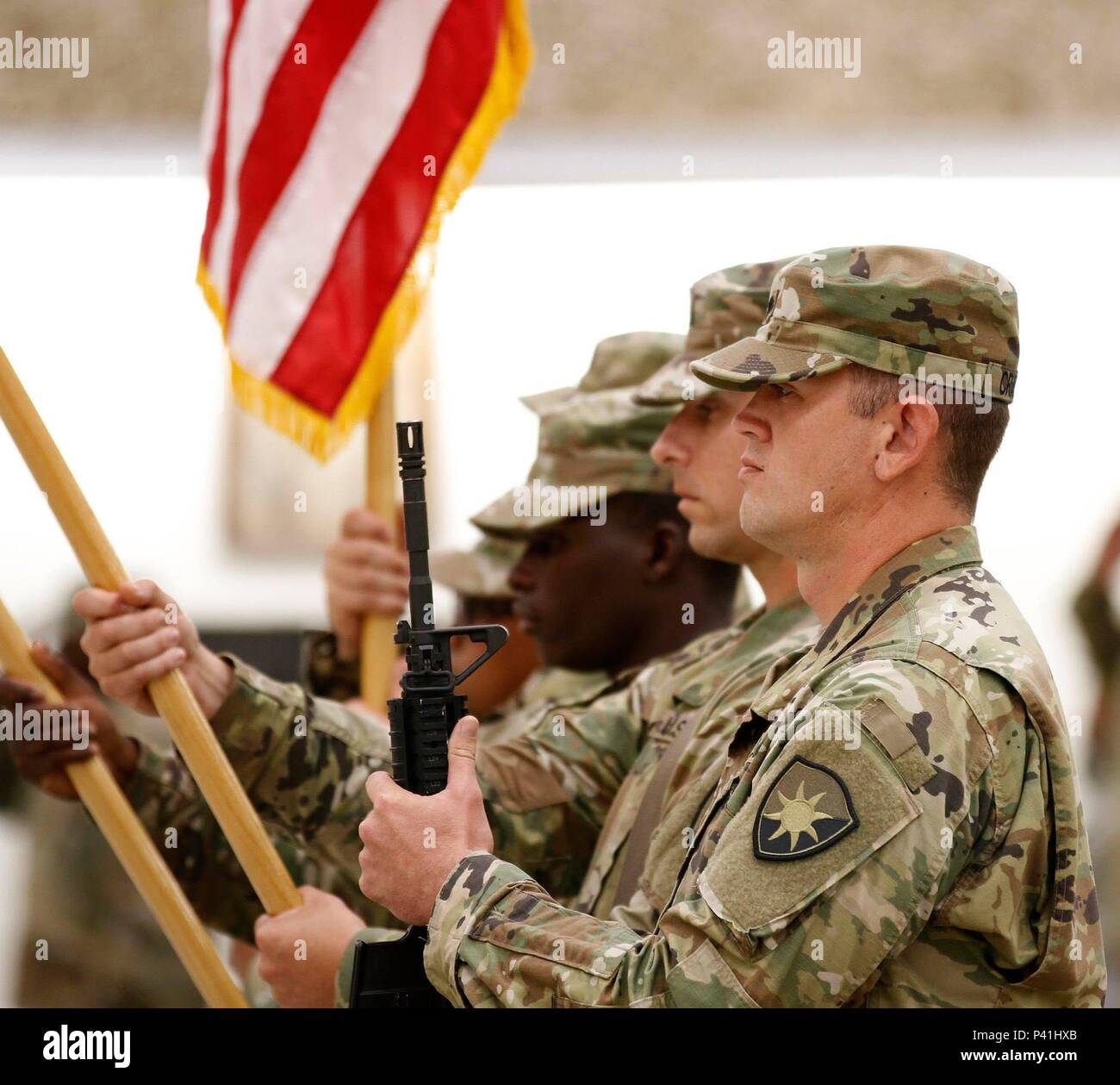 Soldiers from the 146th Expeditionary Signal Battalion prepare to