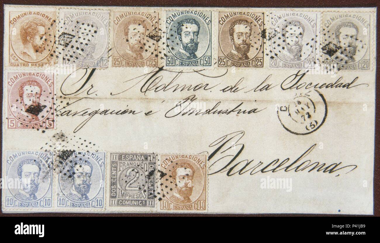SELLOS SOBRE CARTA DE AMADEO I DE SABOYA 1 OCTUBRE 1872. Stock Photo