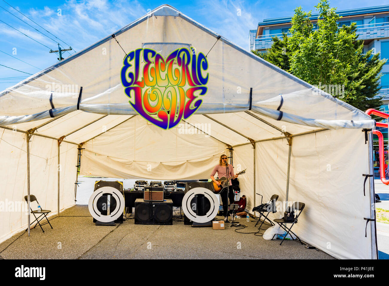 Promo music performance for Electric Love Festival, Car Free Day, Main Street, Vancouver, British Columbia, Canada. Stock Photo