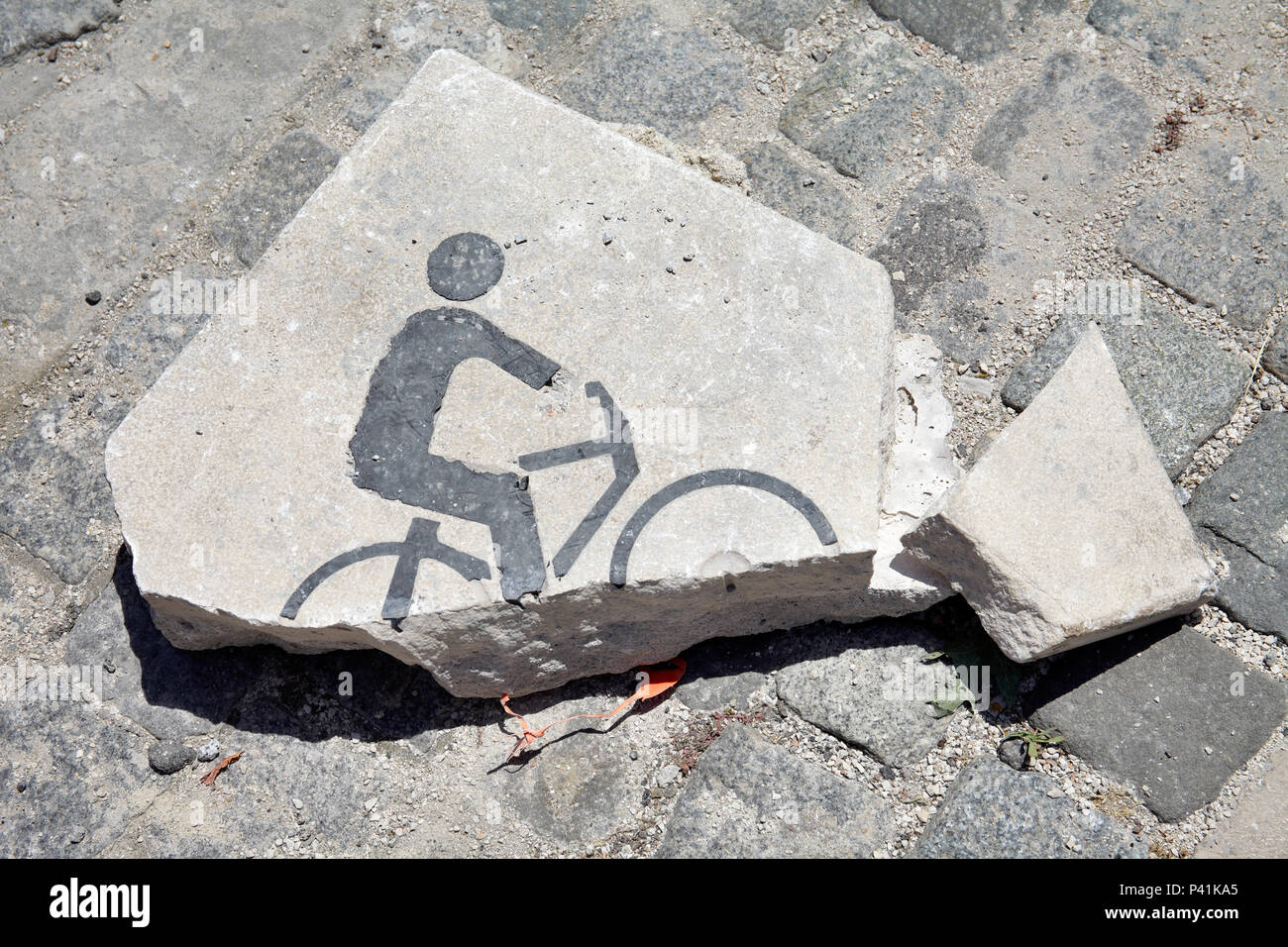 Lisbon, Portugal, Broken signet for cyclists in Lisbon Stock Photo