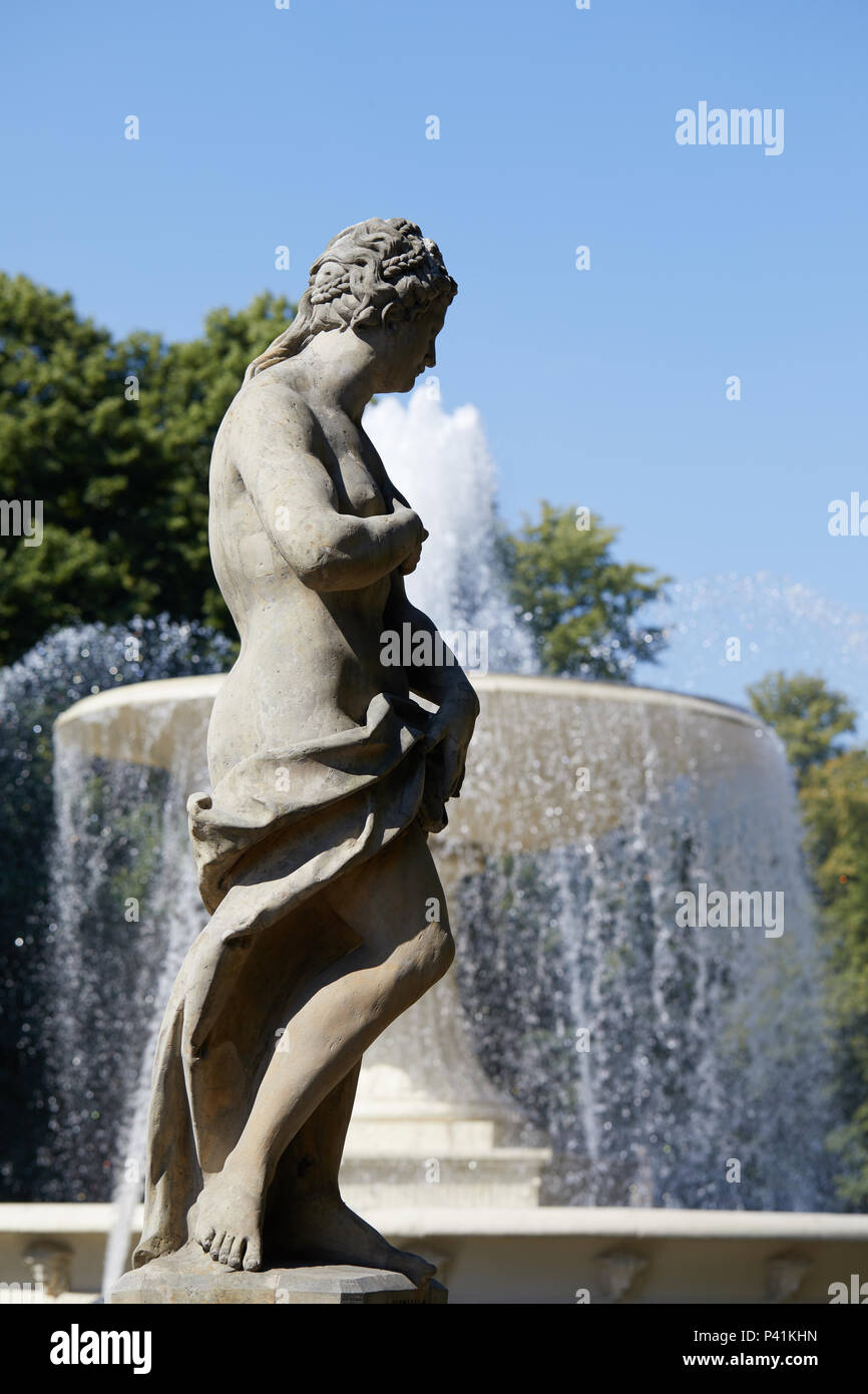 The statue of Venus in Saxon Park (Saski Park), Warsaw, Poland, set against the background of a fountain.. Stock Photo