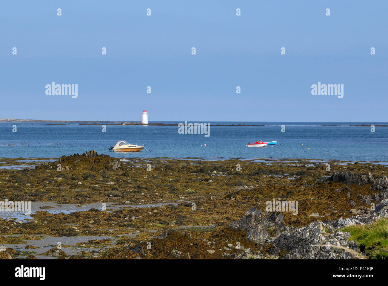 The coast of Strangford Lough with boats moored on the lough and a navigational aid in the background. Stock Photo