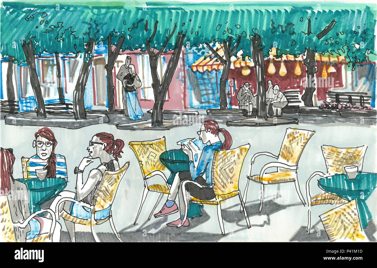 Girls sitting at the tables of outdoor cafe. Line of linden trees, shop windows, people on the background. Hand drawn sketch style marker pen illustration. European town street. Kaunas. Lithuania Stock Photo
