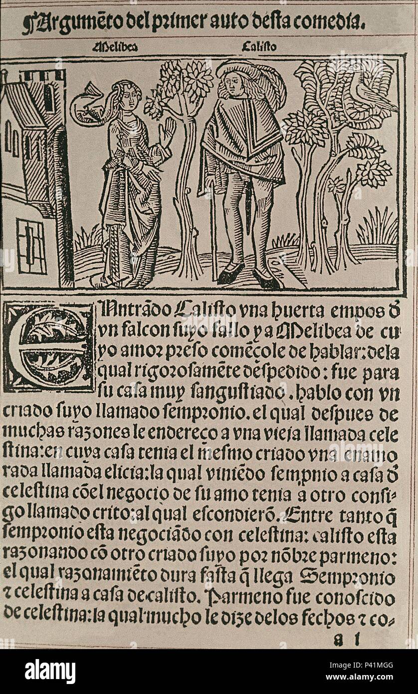 PORTADA DE LA CELESTINA - CALISTO Y MELIBEA EN EL PRINCIPIO DEL ACTO 1 ...