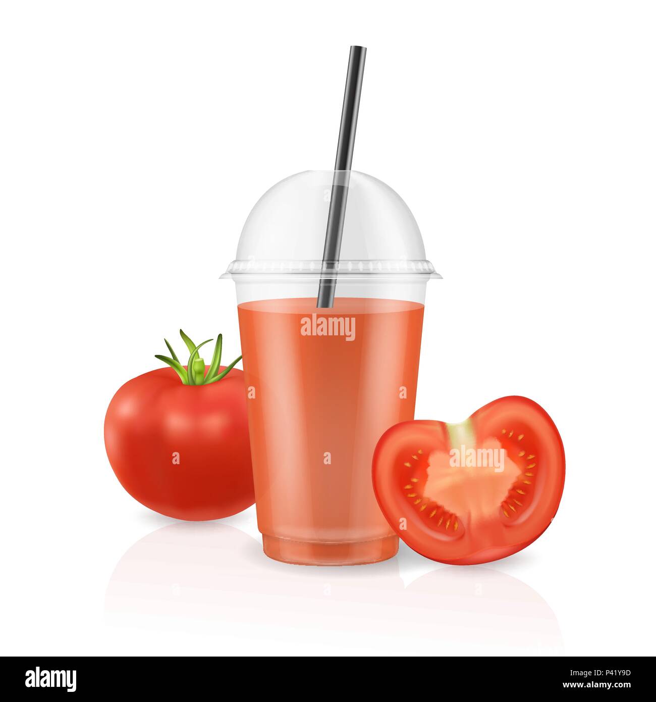 Vector realistic 3d clear plastic disposable transparent cup with pipe. Fresh red tomato smoothie or juice. Mug of vegetable organic shake, cocktail. Vegetarian healthy natural food. Closeup Isolated on white. Design template of packaging mockup for graphics Stock Vector