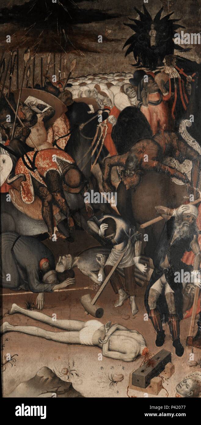 The Decapitation of St. George - ca.1435 - 107x53 cm - oil on panel. Author: Bernat Martorell (d. 1452). Location: LOUVRE MUSEUM-PAINTINGS, FRANCE. Also known as: DECAPITACION DE SAN JORGE. Stock Photo