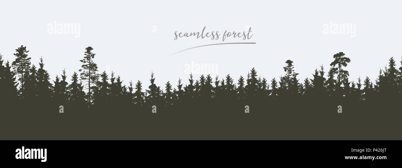 Seamless, wide green silhouette of tree and forest peaks, isolated on background - vector Stock Vector