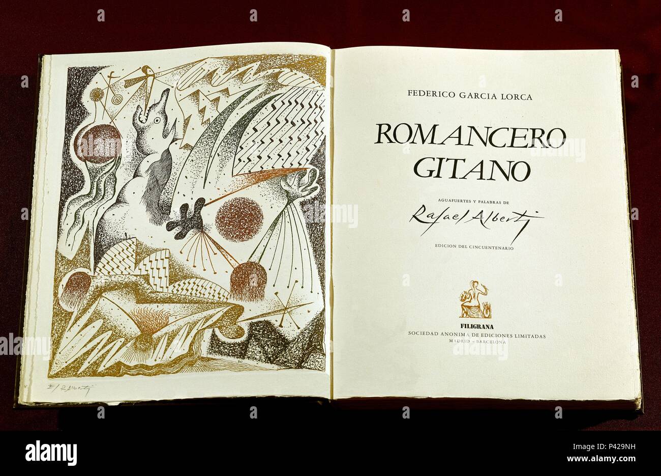 Flyleaf of 'romancero Gitan' by the Spanish poet Federico Garcia Lorca (1898-1936).. Drawings by Rafael Alberti. Author: Federico García Lorca (1898-1936). Stock Photo