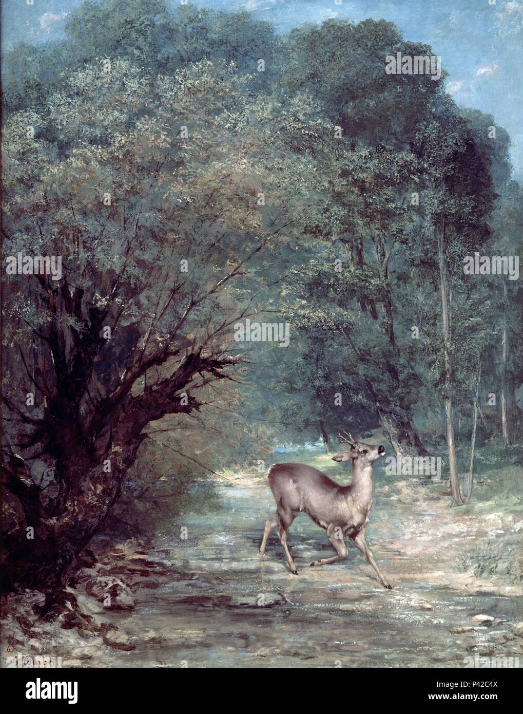The Hunted Roe-Deer on the alert, Spring - 1867 - 111x85 cm - oil on canvas. Author: Gustave Courbet (1819-1877). Location: LOUVRE MUSEUM-PAINTINGS, FRANCE. Also known as: EL CERVATILLO A LA ESCUCHA. Stock Photo