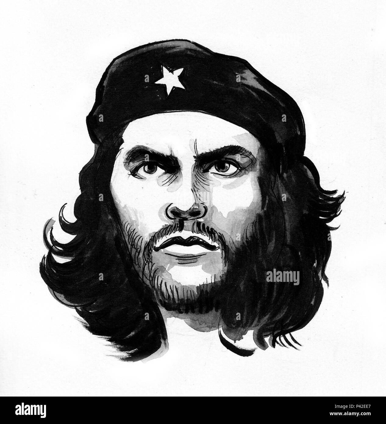 Che Guevara sketch. Ink black and white drawing Stock Photo