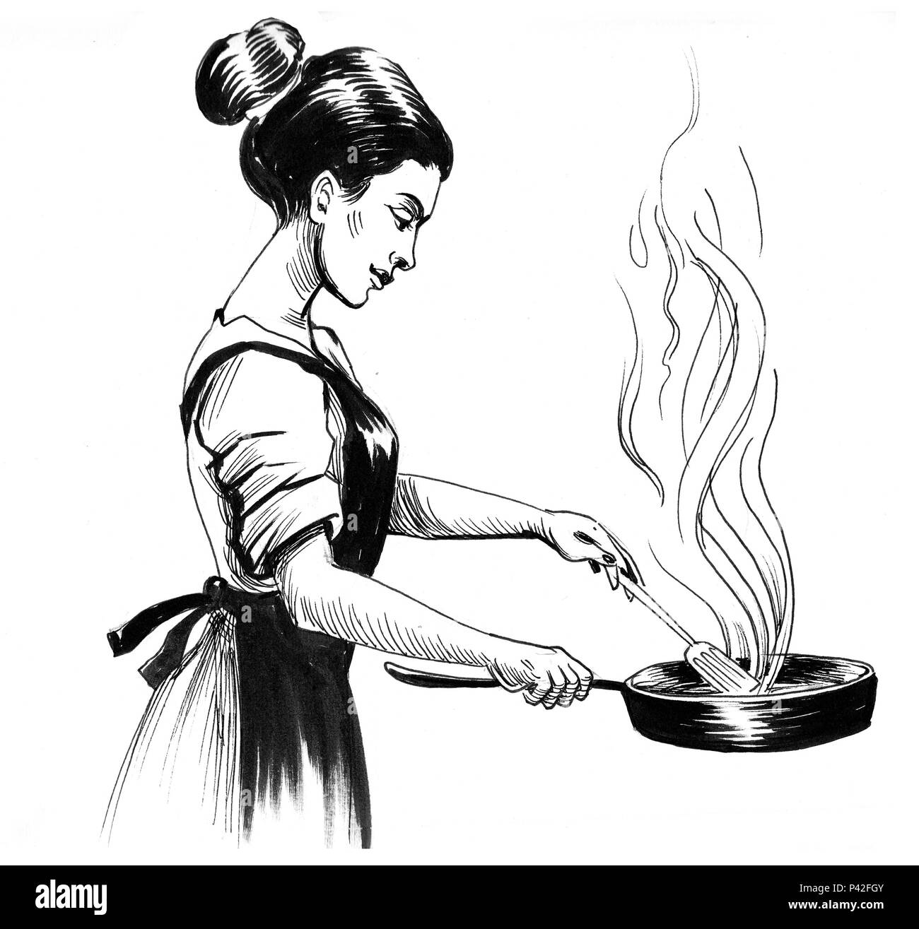 Working housewife with a frying pan. Ink black and white drawing Stock Photo