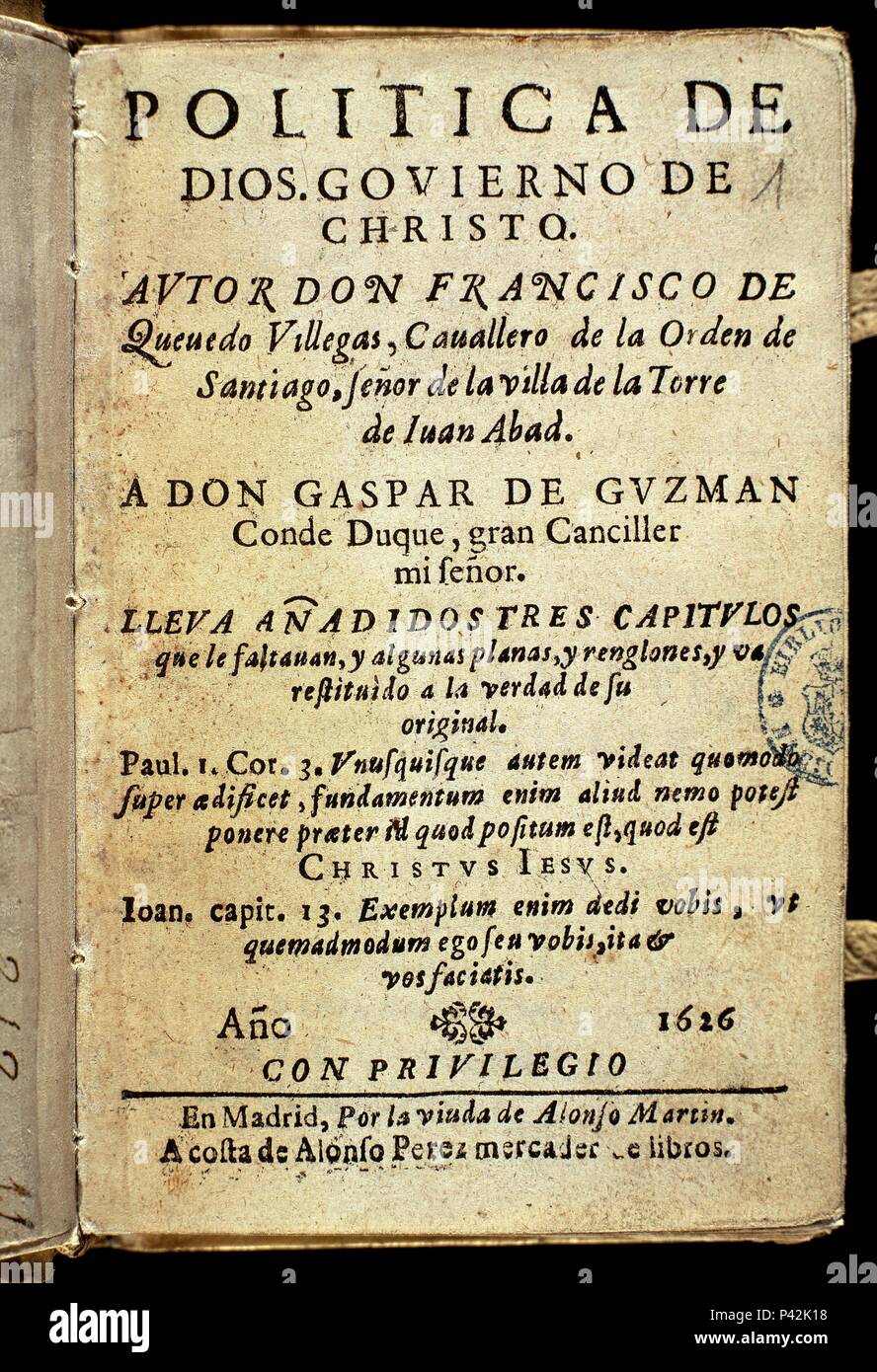 PORTADA DE POLITICA DE  DE  A  DE   1626. Author: Francisco de Quevedo (1580-1645). Location:  BIBLIOTECA NACIONAL-COLECCION, MADRID, SPAIN Stock Photo - Alamy