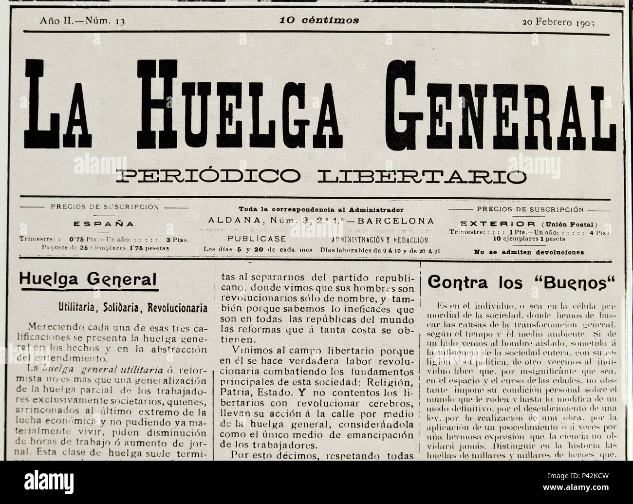 HªCATALUÑA-PERIODICO-LA HUELGA GENERAL-20-2-1903-PORTADA. Location: BIBLIOTECA NACIONAL-COLECCION, MADRID. Stock Photo