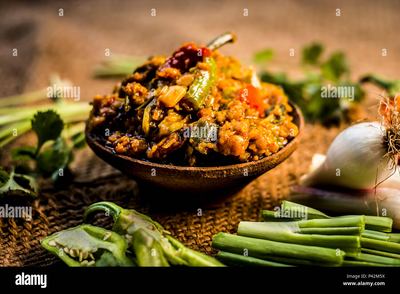 Close up of Indian Dish eaten in winter season Baingan ka Bharta with