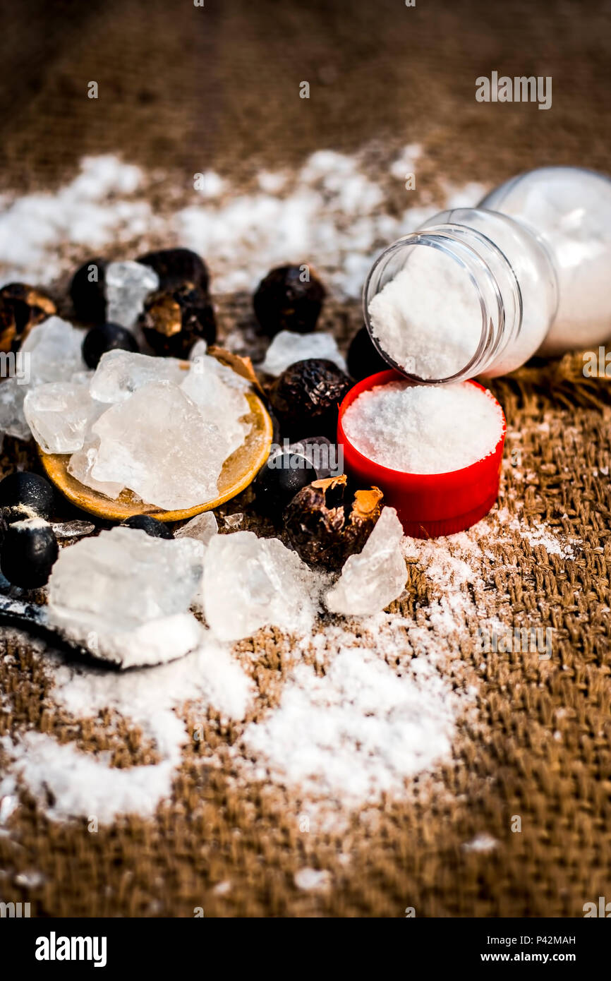 Close up of crystallized alum,Potassium alum and its powder with soap