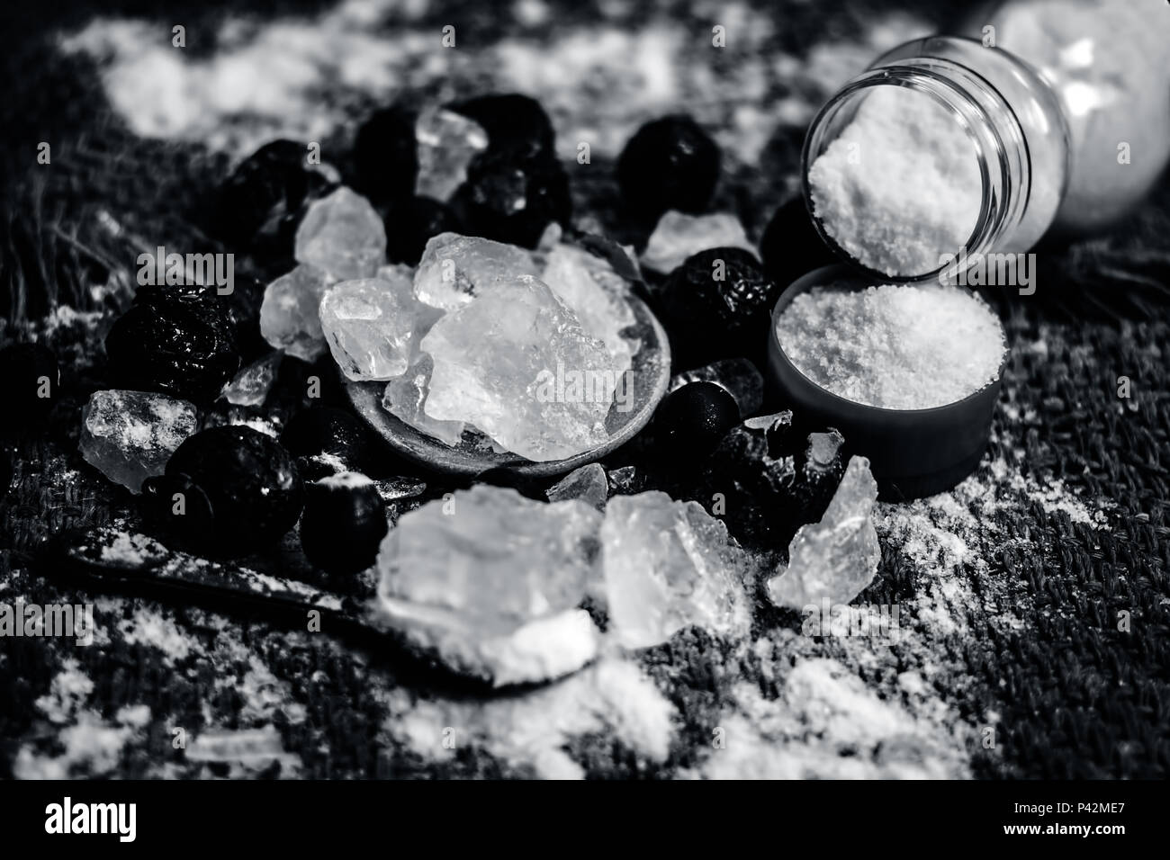 Close up of crystallized alum,Potassium alum and its powder with soap