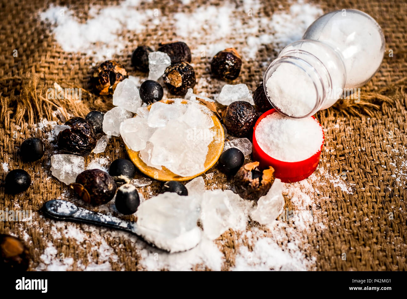Close up of crystallized alum,Potassium alum and its powder with soap