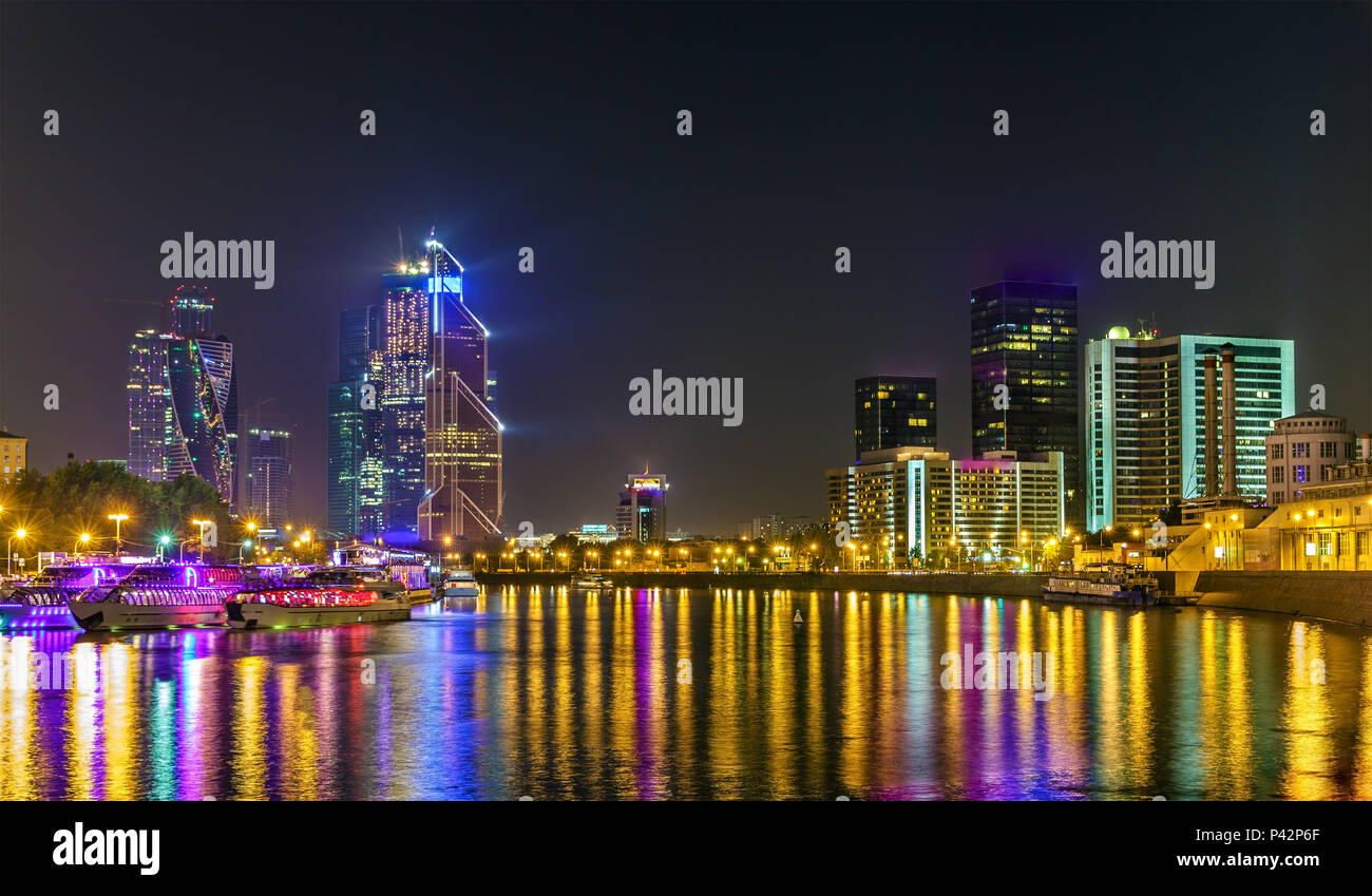 View of the Moscow International Business Centre above the Moskva River in the night Stock Photo