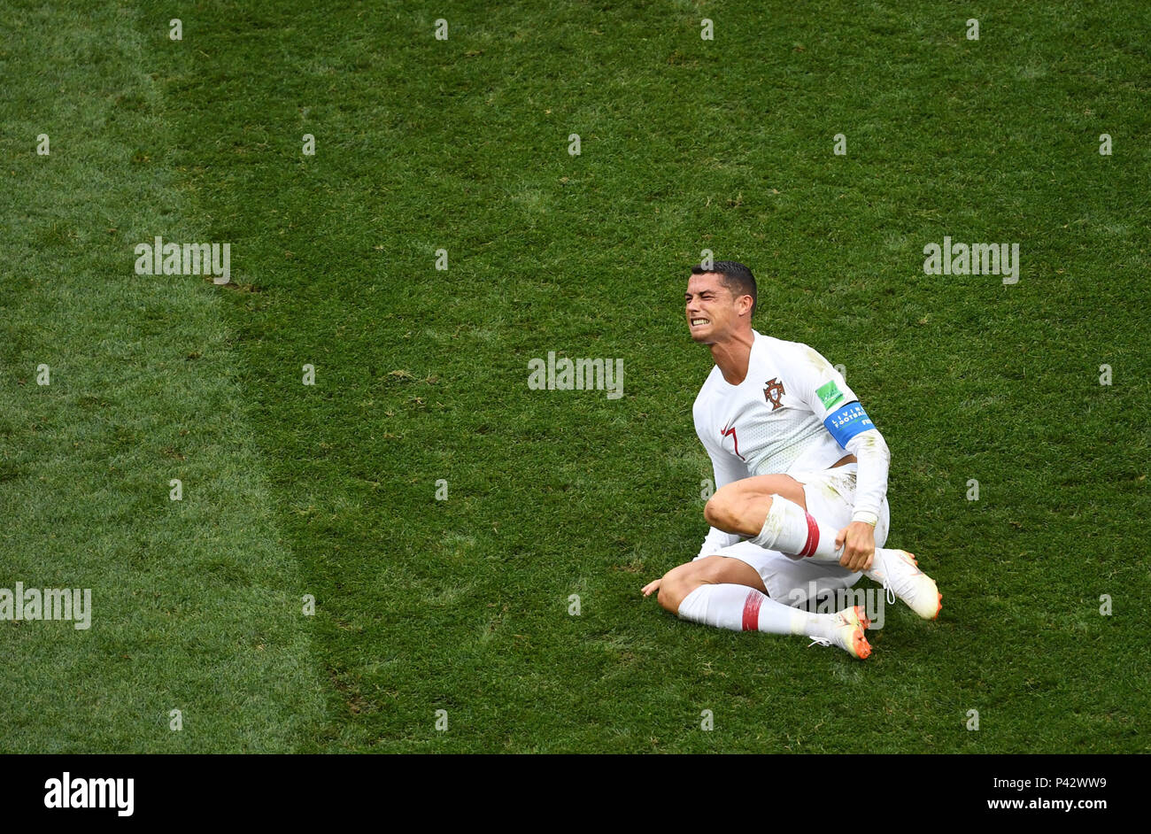 Moscow, Russia. 20th June, 2018. Cristiano Ronaldo of Portugal sustains injury during a Group B match between Portugal and Morocco at the 2018 FIFA World Cup in Moscow, Russia, June 20, 2018. Credit: Wang Yuguo/Xinhua/Alamy Live News Stock Photo