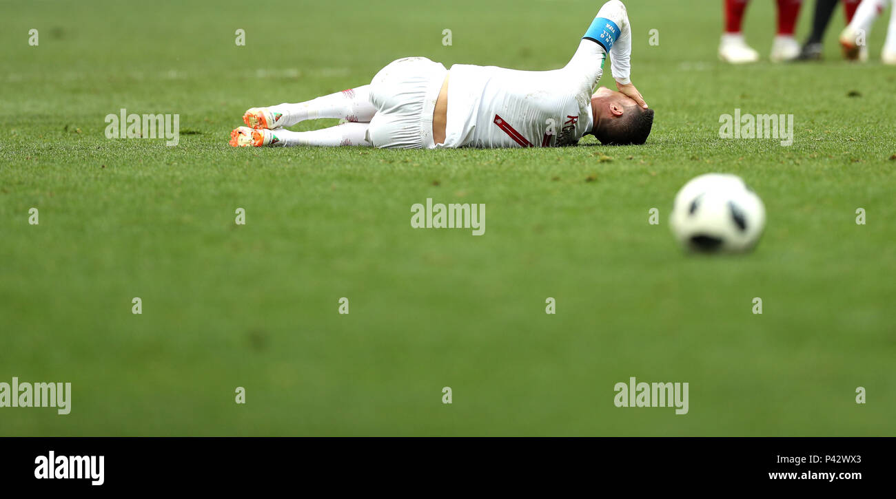Moscow, Russia. 20th June, 2018. Cristiano Ronaldo of Portugal sustains injury during a Group B match between Portugal and Morocco at the 2018 FIFA World Cup in Moscow, Russia, June 20, 2018. Credit: Xu Zijian/Xinhua/Alamy Live News Stock Photo