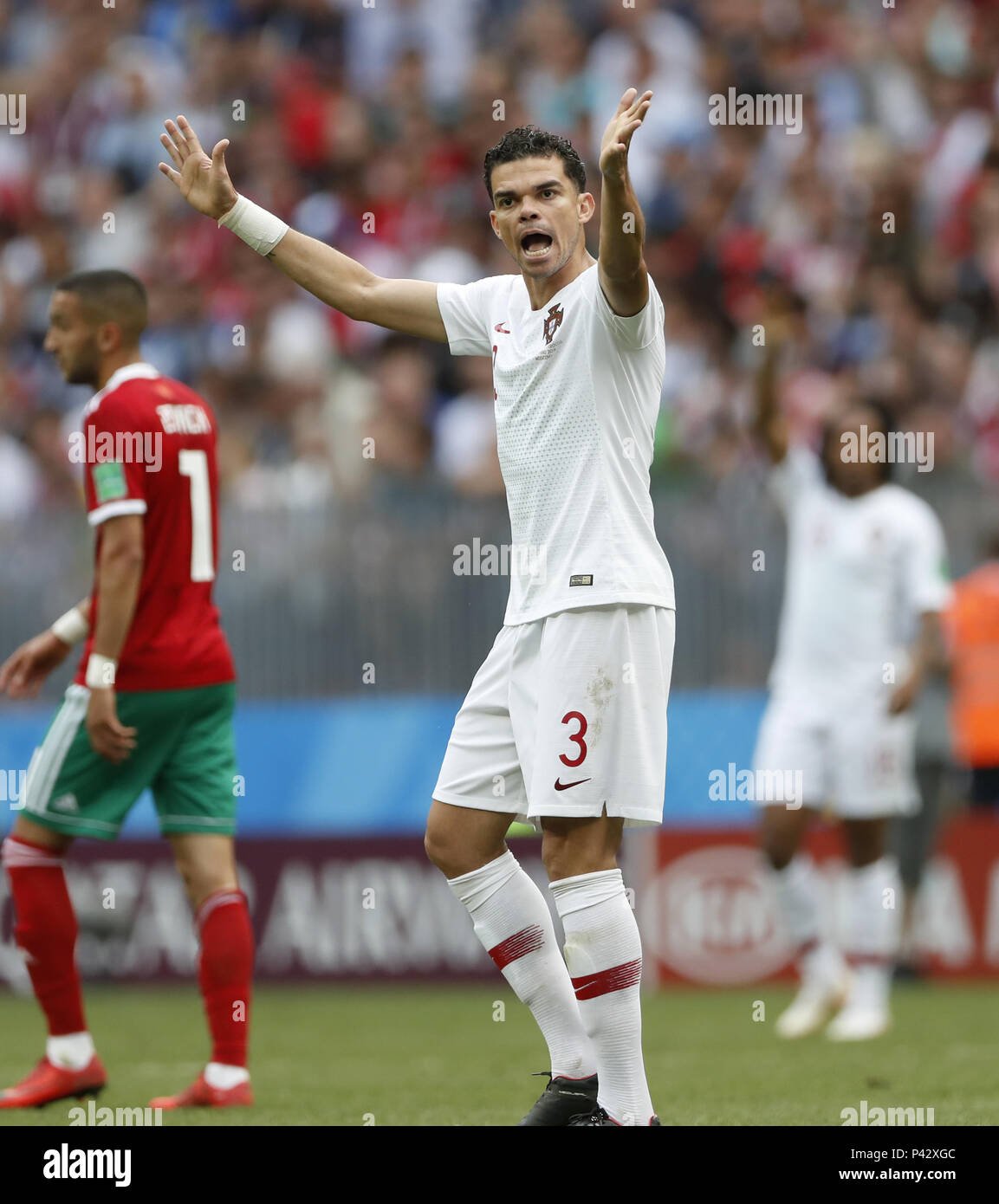 Moscow, Russia. 20th June, 2018. Pepe of Portugal reacts during a Group B match between Portugal and Morocco at the 2018 FIFA World Cup in Moscow, Russia, June 20, 2018. Credit: Cao Can/Xinhua/Alamy Live News Stock Photo