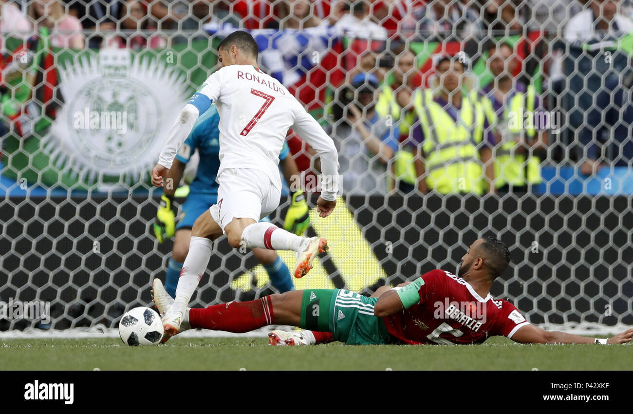 Moscow, Russia. 20th June, 2018. Cristiano Ronaldo (L) of Portugal is fouled by Mehdi Benatia of Morocco during a Group B match between Portugal and Morocco at the 2018 FIFA World Cup in Moscow, Russia, June 20, 2018. Credit: Cao Can/Xinhua/Alamy Live News Stock Photo