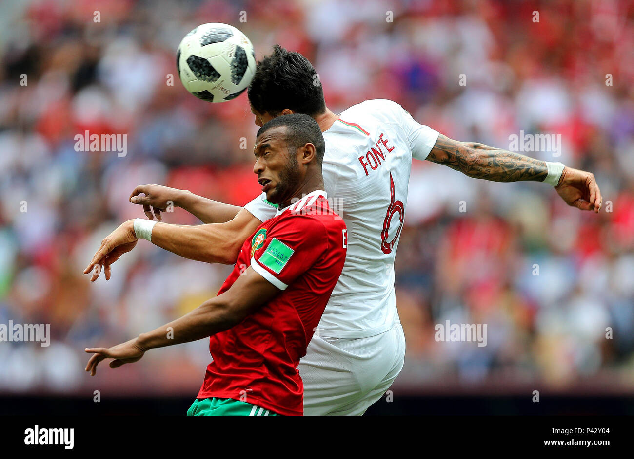 Moscow, Russia. 20 June 2018. Hamza MENDYL from Morocco and JOSE FONTE from Portugal during the match between Portugal and Morocco valid for the 2018 World Cup held at the Lujniki Stadium in Moscow, Russia. (Photo: Rodolfo Buhrer/La Imagem/Fotoarena) Credit: Foto Arena LTDA/Alamy Live News Stock Photo