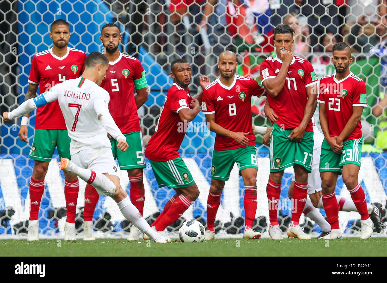 Moscow Russia th June 18 Moscow Russia June 18 Portugal S Cristiano Ronaldo Front Performs A Free Kick In Their 18 Fifa World Cup Group B Round 2 Football Match Against