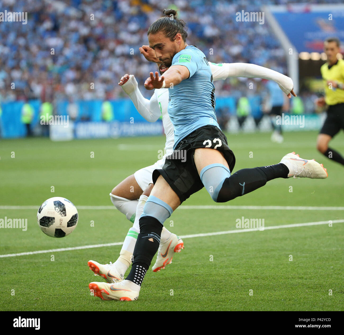 Rostov, Russia. 20 June 2018. Martin Caceres of Uruguay competes during a Group A match between Uruguay and Saudi Arabia at the 2018 FIFA World Cup in Rostov-on-Don, Russia, June 20, 2018. Credit: Li Ming/Xinhua/Alamy Live News Stock Photo