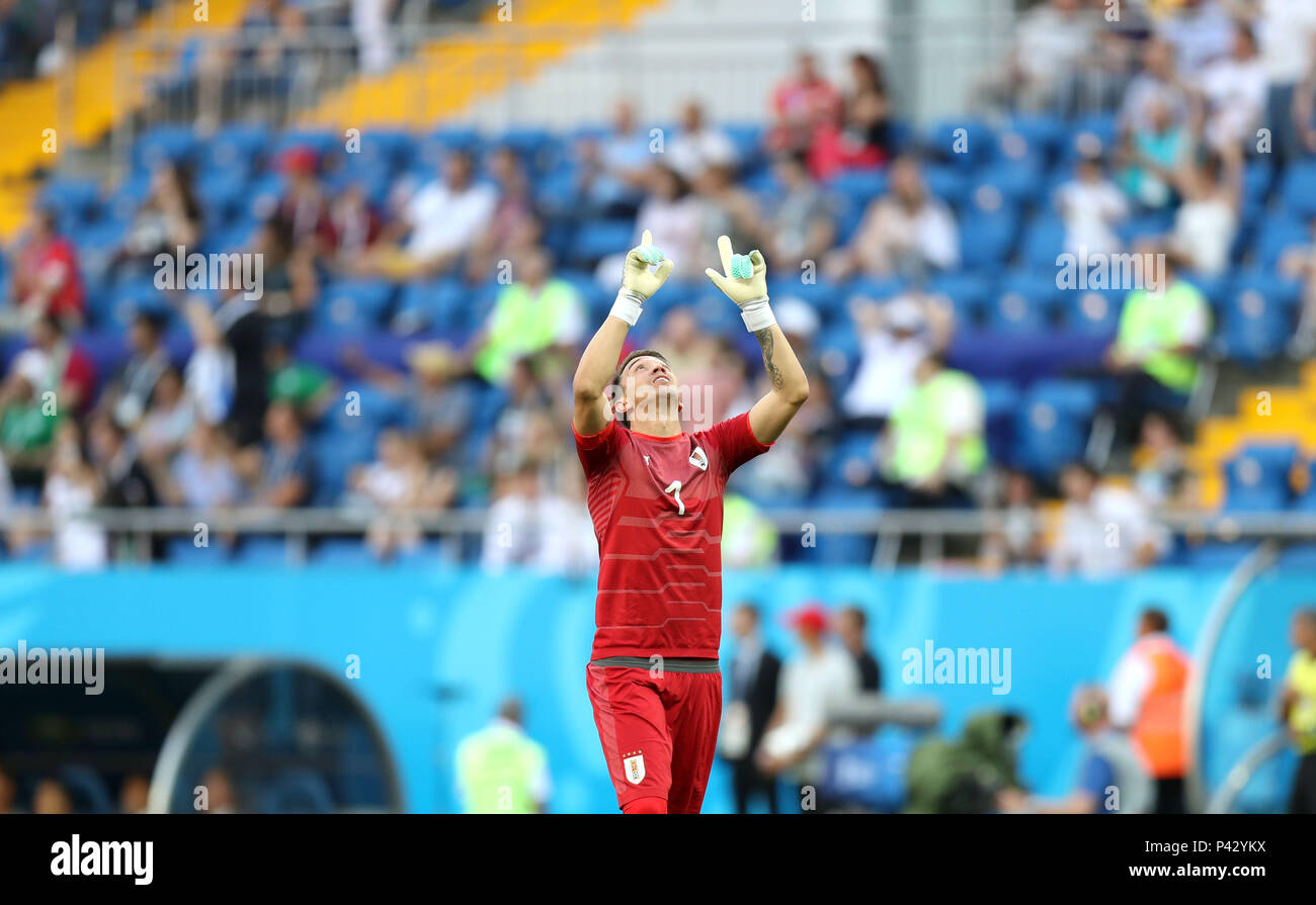 Rostov On Don. 20th June, 2018. Uruguay's goalkeeper Fernando Muslera celebrates scoring of his team during a Group A match between Uruguay and Saudi Arabia at the 2018 FIFA World Cup in Rostov-on-Don, Russia, June 20, 2018. Credit: Lu Jinbo/Xinhua/Alamy Live News Stock Photo
