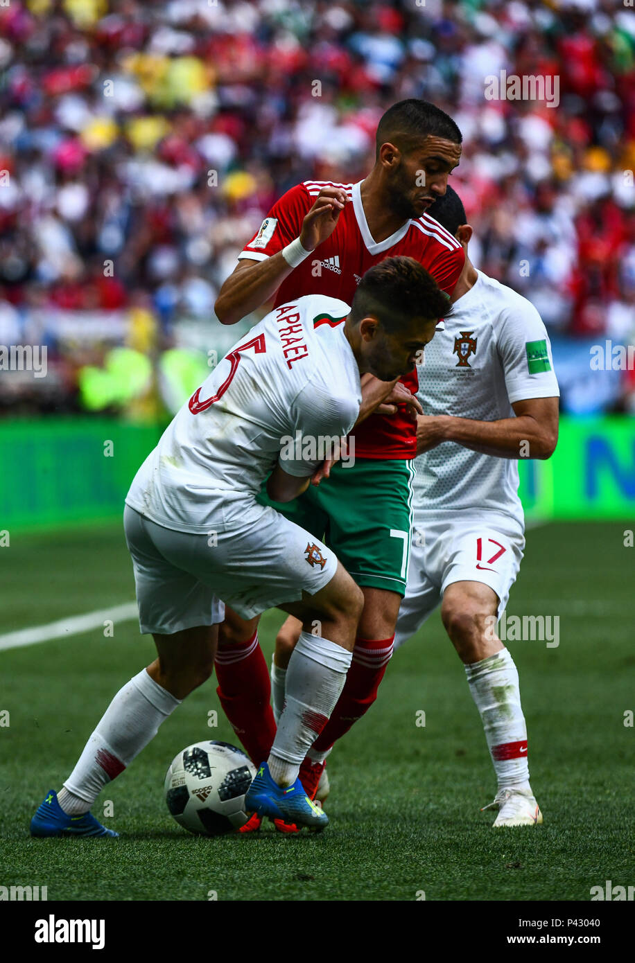 Luzhniki Stadium, Moscow, Russia. 20th June, 2018. FIFA World Cup Football, Group B, Portugal versus Morocco; Hakim Ziyach of Morocco trying to go by Raphael Guerreiro of Portugal Credit: Action Plus Sports/Alamy Live News Stock Photo